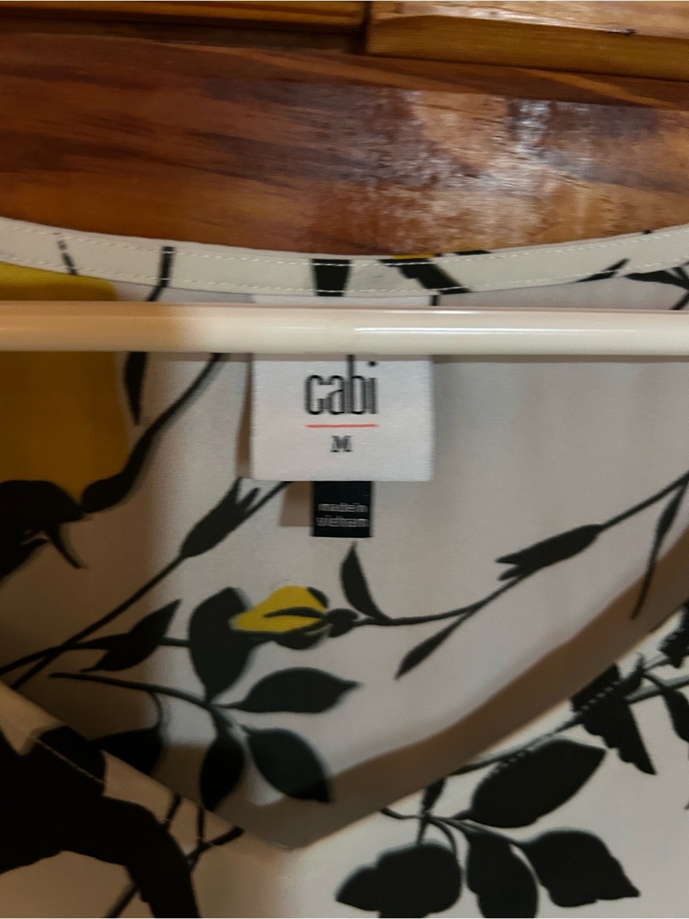 CAbi Cream Blouse with Black Leaf & Yellow Accent